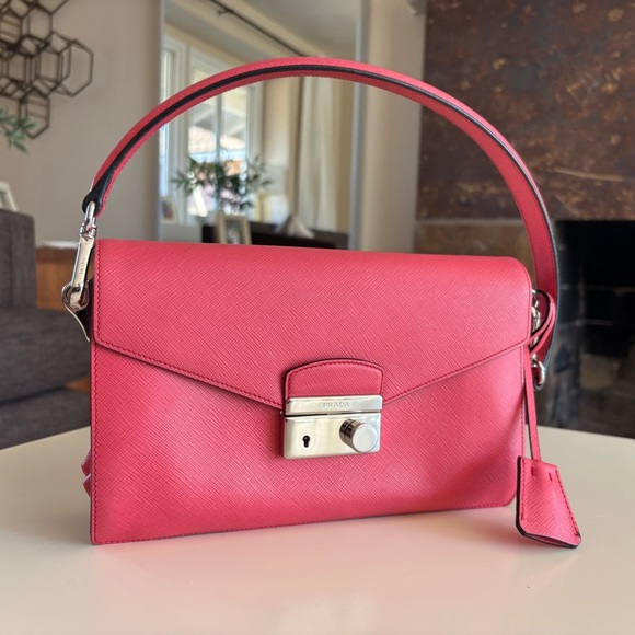 PRADA Saffiano Lux Sound Shoulder Bag Pink Clutch Silver - Picture 14 of 16